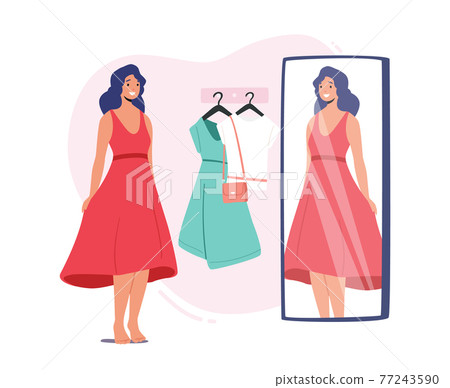 Young Female Character Trying on Clothes in Dressing Room at Store, Woman in New Dress Stand in Cabin with Mirror Young Female Character Trying on Clothes in Dressing Room at Store, Woman in New Dress Stand in Cabin with Mirror 77243590