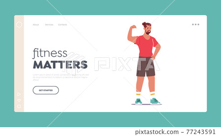 Fitness Matters Landing Page Template. Bodybuilder Male Character Posing Demonstrate Muscles and Sportive Athletic Body 77243591