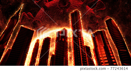 Flaming skyscrapers against the background of a red star and a coronavirus. 77243614