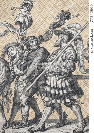 Big historical scenes made of porcelain tiles depicting Saxon rulers throughout ages in historical downtown of Dresden, Germany. Concept of art and historical heritage. Big historical scenes made of porcelain tiles depicting Saxon rulers throughout ages in historical downtown of Dresden, Germany. Concept of art and historical heritage. 77243660