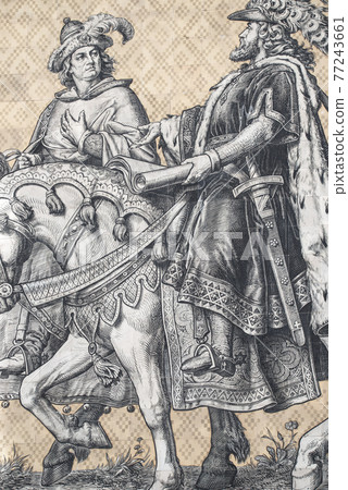 Big historical scenes made of porcelain tiles depicting Saxon rulers throughout ages in historical downtown of Dresden, Germany. Concept of art and historical heritage. Big historical scenes made of porcelain tiles depicting Saxon rulers throughout ages in historical downtown of Dresden, Germany. Concept of art and historical heritage. 77243661