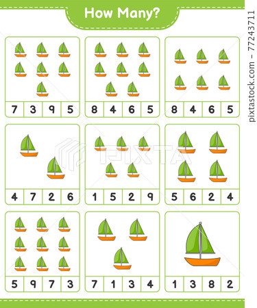 Counting game, how many Sailboat. Educational children game, printable worksheet, vector illustration Counting game, how many Sailboat. Educational children game, printable worksheet, vector illustration 77243711