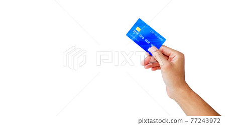 hand holding a blue credit card on white background with clipping path. shopping on line for buy-sell with e-commerce technology. 77243972