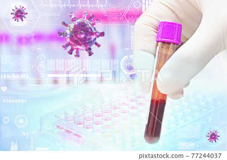 covid-19 virus. scientist analyzing of coronavirus with hologram technology in laboratory. 77244037