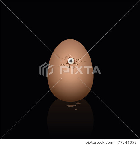 Broken eggshell, baby chick looking out with one eye, hatching chicken, symbolic for apprehension, insecurity, fear or for courage. Vector illustration on black background. 77244055