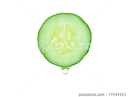 Cucumber with extract oil or water dropping on white background. Healthy vegetable food. Herb for use a cosmetic production in beauty treatment. Cucumber with extract oil or water dropping on white background. Healthy vegetable food. Herb for use a cosmetic production in beauty treatment. 77244321