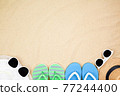 top view travel beach background concept with sunglasses , shoes and beach hat on sand. 77244400
