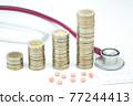 A coin stack growth increase with a stethoscope. Business health care concept. 77244413