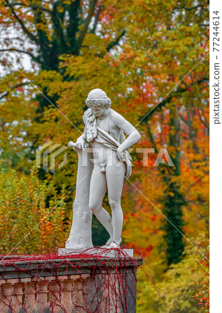 Old park statue of Renaissance Era Roman man hunter in lion skin with hunting tube in golden Autumn city park, Potsdam, Germany Old park statue of Renaissance Era Roman man hunter in lion skin with hunting tube in golden Autumn city park, Potsdam, Germany 77244614