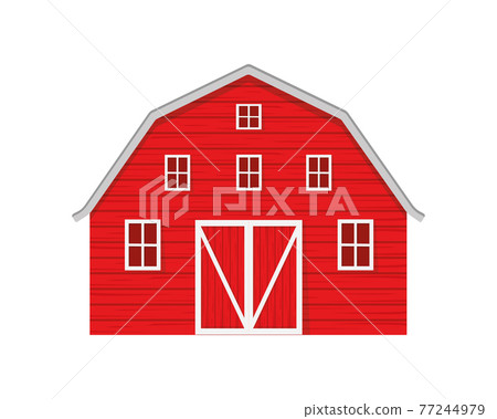 Red wooden barn isolated on white background. Farm warehouse with big door and windows. Front view. Vector cartoon illustration 77244979