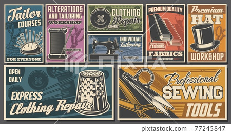 Tailor workshop, sewing services vector poster set 77245847