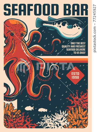 Seafood bar retro poster, fish and sea food menu Seafood bar retro poster, fish and sea food menu 77245927