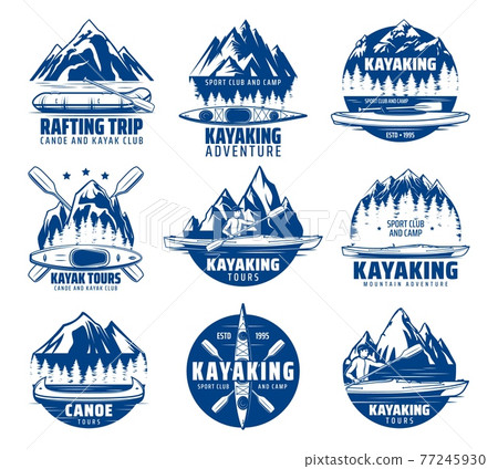Kayaking, rafting and canoeing sport vector icons Kayaking, rafting and canoeing sport vector icons 77245930