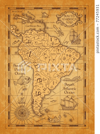 Antique map of South America on old parchment Antique map of South America on old parchment 77245931