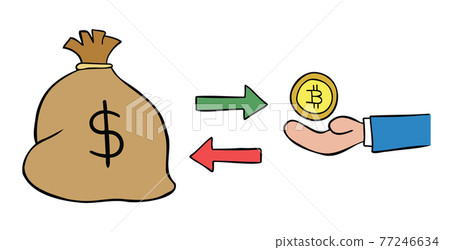 Cartoon vector illustration of a sack of dollars and 1 bitcoin exchange. 77246634