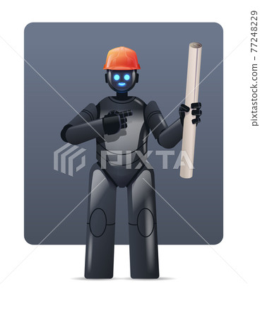 robot engineer in hardhat holding construction drawings robotic architect with blueprints artificial intelligence 77248229