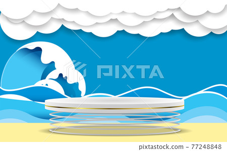 white cylinder podium on white spring with the beach background white cylinder podium on white spring with the beach background 77248848