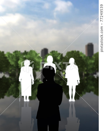 Female generation gap and male silhouette white and black CG illustration vertical Female generation gap and male silhouette white and black CG illustration vertical 77249539