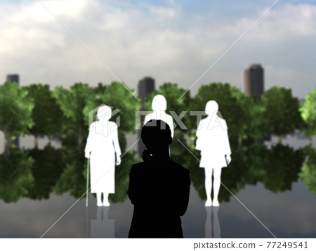 女性代溝中的 Tomadou 男性剪影白色和黑色 CG 插圖側身 女性代溝中的 Tomadou 男性剪影白色和黑色 CG 插圖側身 77249541