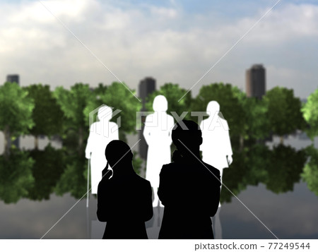 女性代溝與 Tomadou 男性和女性剪影白色和黑色 CG 插圖側身 女性代溝與 Tomadou 男性和女性剪影白色和黑色 CG 插圖側身 77249544