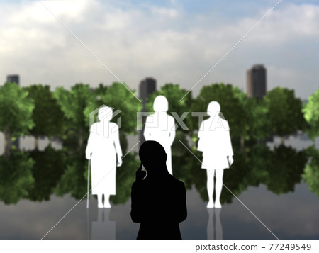 女性代溝中的 Tomadou 女性剪影 白色和黑色 CG 插圖側身 女性代溝中的 Tomadou 女性剪影 白色和黑色 CG 插圖側身 77249549