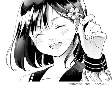 Monochrome illustration of a sailor suit girl who decorates her hair with cherry blossoms Monochrome illustration of a sailor suit girl who decorates her hair with cherry blossoms 77250009