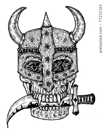 Black and white illustration of scary skull in knight helm holding dagger knife in teeth isolated on white. Mystic background for Halloween, esoteric, gothic, occult concept, tattoo sketch Black and white illustration of scary skull in knight helm holding dagger knife in teeth isolated on white. Mystic background for Halloween, esoteric, gothic, occult concept, tattoo sketch 77252163