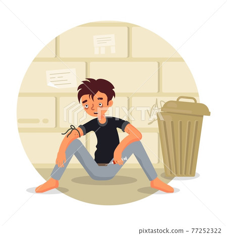 Unhappy young man, addict sitting on sidewalk with syringe, flat vector illustration. Heroin drug abuse and addiction. Unhappy young man, addict sitting on sidewalk with syringe, flat vector illustration. Heroin drug abuse and addiction. 77252322