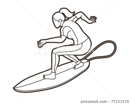 Surfing Sport Female Player Cartoon Outline Graphic Vector 77253570