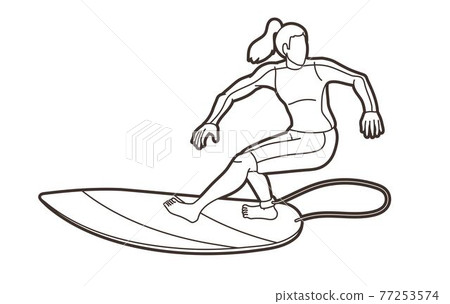 Surfing Sport Female Player Cartoon Outline Graphic Vector 77253574