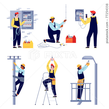 Electricians workers work with power grids, flat vector illustration isolated. 77254338