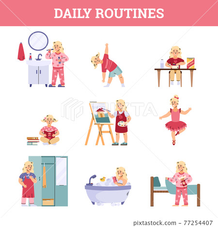 Daily children routine infographic set cartoon vector illustration isolated. 77254407
