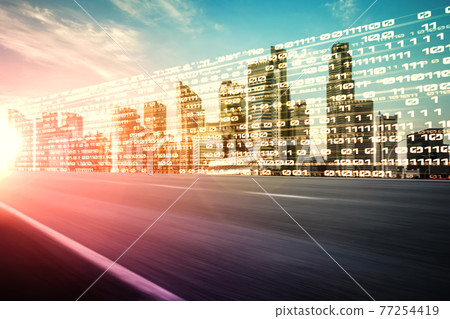 Digital data flow on road with motion blur to create vision of fast speed transfer 77254419