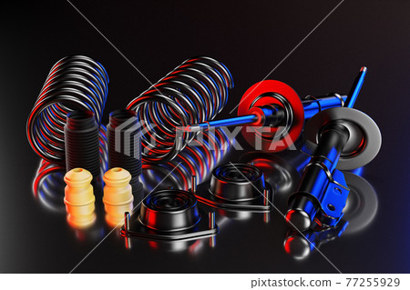 Passenger car Shock Absorber with dust cap, buffer mounting and strut mounting. 3D rendering. Passenger car Shock Absorber with dust cap, buffer mounting and strut mounting. 3D rendering. 77255929
