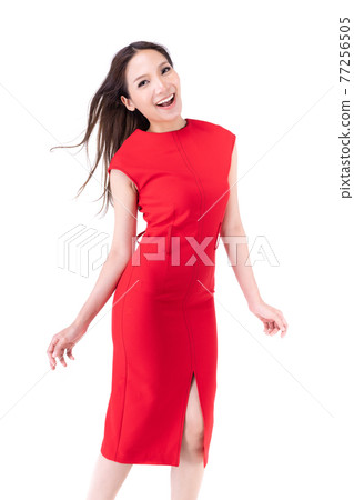 Portrait beautiful woman in a red dress Showing a happy expression On a white background Portrait beautiful woman in a red dress Showing a happy expression On a white background 77256505