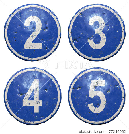 Set of public road sign in blue color with a capitol white numbers 2, 3, 4, 5 in the center isolated white background. 3d Set of public road sign in blue color with a capitol white numbers 2, 3, 4, 5 in the center isolated white background. 3d 77256962