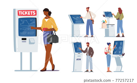 Set of Characters Use Self Ordering Service. Men and Women Using Info Kiosk, Order Food in restaurant, Withdraw Money 77257217
