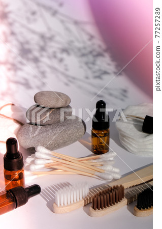Reusable and recycable bathroom accessories on white background. Trendy shadows. Zero waste concept. Natural cosmetics and eco living concept 77257289