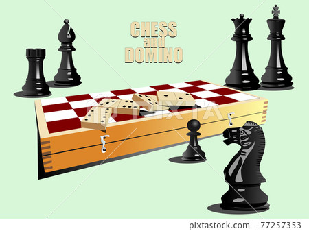 Chess pieces and chessboard with domino. Chess pieces and chessboard with domino. 77257353