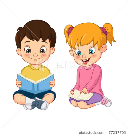 Cute little boy and girl students reading a... - Stock Illustration ...