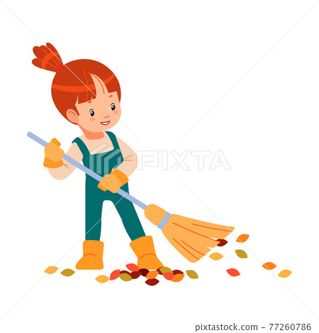 Hello spring or autumn. Little kid gardener raking leaves. Child is doing housework chores at home concept. Happy girl sweeps leaves and helps her parents in the garden. Cartoon vector illustration 77260786