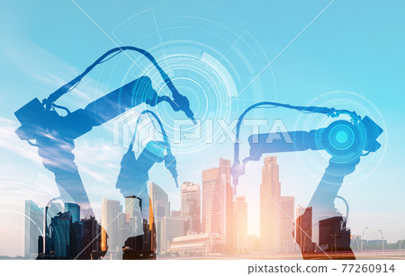 Mechanized industry of future factory double exposure image Mechanized industry of future factory double exposure image 77260914