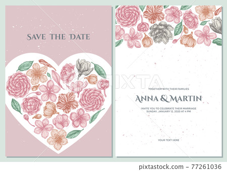 Wedding invitation card with pastel hibiscus, plum flowers, peach flowers, sakura flowers, magnolia 77261036