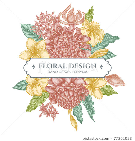 Floral bouquet design with pastel plumeria, allamanda, clerodendrum, champak, etlingera, ixora Floral bouquet design with pastel plumeria, allamanda, clerodendrum, champak, etlingera, ixora 77261038