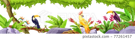 Jungle exotic birds border, tropical nature rainforest illustration, toucan, parrot, liana, rock 77261457