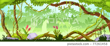 Jungle forest tree background, green wood vector landscape, leopard silhouette, bushes, vine, liana Jungle forest tree background, green wood vector landscape, leopard silhouette, bushes, vine, liana 77261458