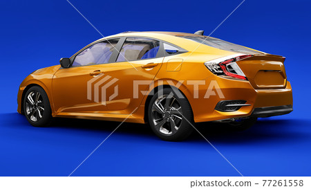 Yellow mid-size urban family sedan on a blue uniform background. 3d rendering. Yellow mid-size urban family sedan on a blue uniform background. 3d rendering. 77261558