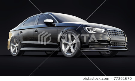 Super fast sports car color black metallic on a black background. Body shape sedan. Tuning is a version of an ordinary family car. 3d rendering. Super fast sports car color black metallic on a black background. Body shape sedan. Tuning is a version of an ordinary family car. 3d rendering. 77261670
