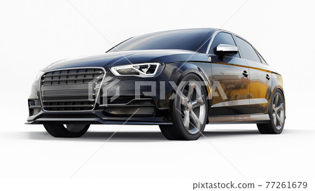 Super fast sports car color black metallic on a white background. Body shape sedan. Tuning is a version of an ordinary family car. 3d rendering. 77261679