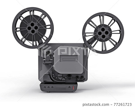 Black 3d cinema film projector isolated on white background. 3d rendering. Black 3d cinema film projector isolated on white background. 3d rendering. 77261723